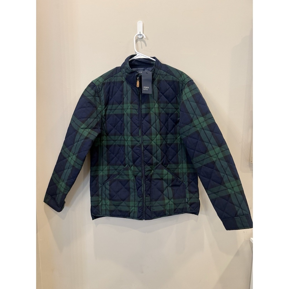 crown & ivy Quilted Navy & Green Plaid Puffer Jacket size L